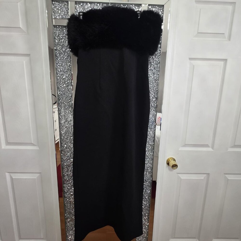 Zara Strapless Black Maxi Dress with Faux Fur Trim, Medium Size.
